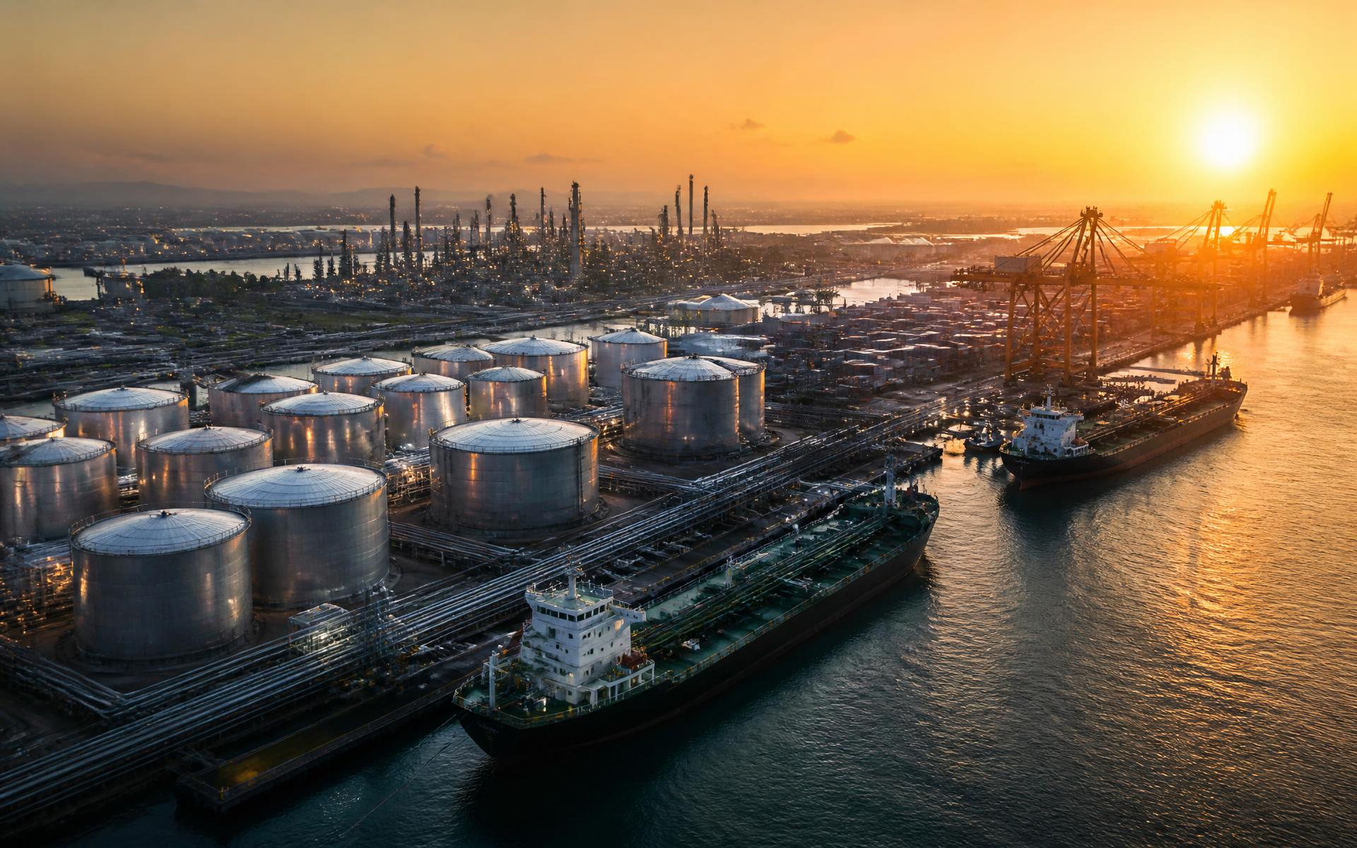 Aerial view of an international seaport with stainless steel storage tanks, cargo vessels and a renewable fuel refinery at sunrise